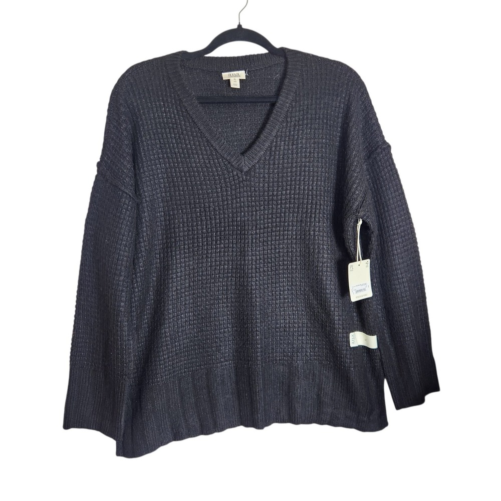 ana a new approach Black Waffle Knit V-Neck Sweater Petite Large PL